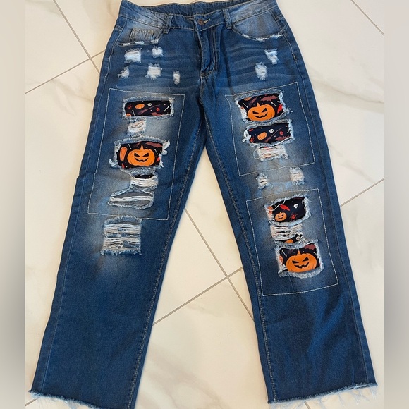 Upcycled Halloween Cropped Jeans | Pumpkin Patchwork | Distressed Denim - Picture 1 of 12